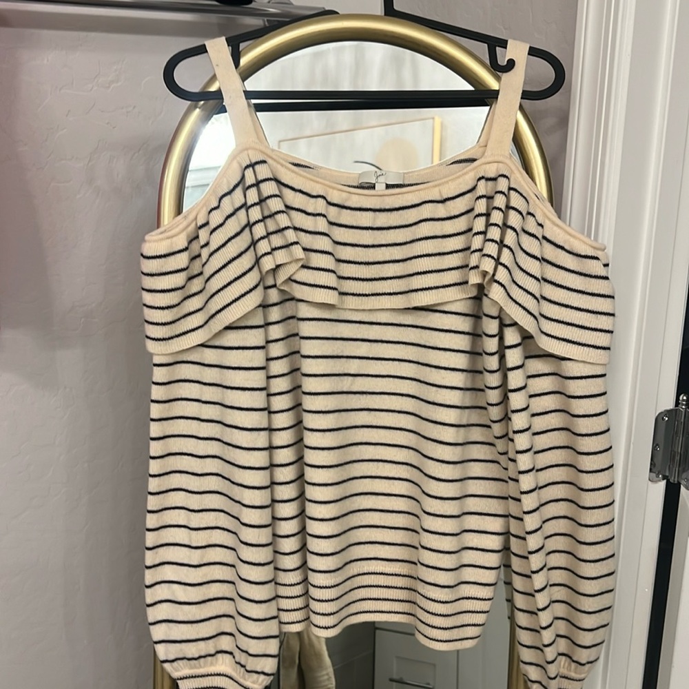 Joie White Black Striped Wool Cashmere Cold Shoulder Sweater Size S Ruffle